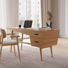 a wooden desk with a laptop on top of it next to a chair in front of a window