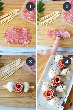 four pictures showing how to make an appetizer with prosciutto on skewers