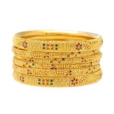 The bright enamel details used alongside the filigree design of these 22k gold Indian bangles adda vibrant look and feel to the traditional design. Features: • 22k yellow gold • Enamel • Filigree • Set of six (6) banglesIf you're looking for quality 22k gold Indian bangles then look no further than Virani Jewelers! Our gorgeous Indian gold bangles have one of a kind details and stunning accents that you'll have to see to believe. Whether you're shopping for gold jewelry to add to your everyday l Yellow Gold Meenakari Jewelry For Puja, 22k Gold Meenakari Bangle In Yellow Gold, 22k Yellow Gold Meenakari Bangle, 22k Gold Meenakari Bangle, 22k Yellow Gold Bangle With Meenakari, Yellow Gold Bracelets With Meenakari For Festive Occasion, Yellow Gold Meenakari Bangle As Gift, Yellow Gold Meenakari Bracelets For Festive Occasions, Yellow Gold Meenakari Bangle For Gifts