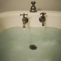 two faucets are connected to the side of a bathtub