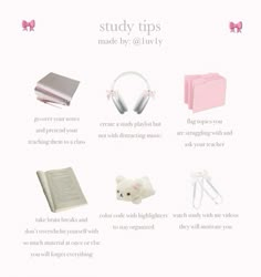 the contents of a book with headphones, books and other items on it in pink