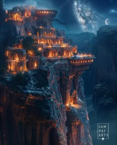 a castle built on top of a cliff at night