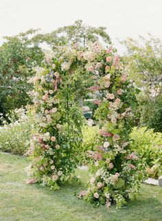 an arch made out of flowers in the grass