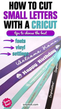 image captioned "How to cut small letters with a Cricut" and tips to choose the best fonts, vinyl and settings, set against an image of colored ribbon decorated with small, intricate lettering cut out of heat transfer vinyl Cricut Projects Easy, Silhouette Cameo Crafts, Cricut Supplies, Small Letter, Cricut Explore Projects, Cricut Expression, Using Cricut, Cricut Projects Beginner, Cricut Fonts