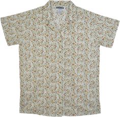 A soft and cool white cotton voile shirt in cute brown dense floral print.  It's a loose-fit, lightweight, airy and summery, open-front buttoned shirt with vintage style collars. #tlb #vacationclothing #beachwrap #Floral #Printed #SummerShirt #FloralCottonShirt #Cottonshirt #BeachShirt White Cotton Camp Shirt With Floral Print, White Floral Print Camp Shirt For Spring, Casual White Blouse With Ditsy Floral Print, White Floral Print Tops With Collared Neckline, White Floral Print Top With Collared Neckline, White Tops With Floral Print And Collared Neckline, Summer Printed Blouse With Spread Collar, Casual Collared Blouse With Floral Print, White Short Sleeve Blouse With Ditsy Floral Print