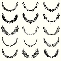 a set of laurel wreaths with different shapes and sizes, all in black on a white background