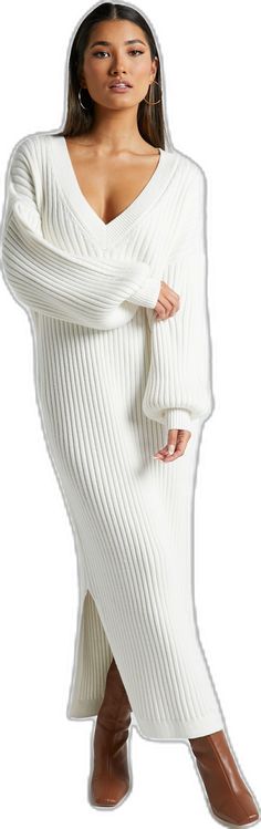 Ribbed V-neck Sweater Dress For Loungewear, Knit Sweater Dress For Loungewear, Knee-length Knit Sweater Dress For Loungewear, Fall Ribbed Sweater Dress In Midi Length, Cozy White Knit Sweater Dress, Knee-length Ribbed Knit Sweater Dress, Knit Sweater Dress With Ribbed Neckline And Long Sleeves, Knit Dress With Ribbed Neckline For Fall, Spring Knit Midi Dress For Loungewear