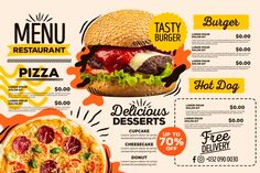 a menu for a fast food restaurant with an image of a burger and a pizza