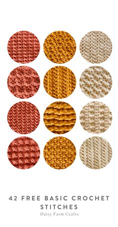 the four basic crochet stitches are shown in different colors and sizes, with text overlaying them