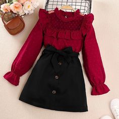 Season:Winter,Fall; Fabric:Cotton; Sleeve Length:Long Sleeve; Dress Length:Above Knee; Look After Me:Machine wash; Gender:Girls'; Quantity:2 Pieces; Style:Active,Fashion; Occasion:Outdoor; Kids Apparel:Skirt  Shirt; Age Group:Kids; Fit Type:Regular Fit; Pattern:Solid Color; Age:7-13 Years; Front page:FF; Listing Date:11/09/2022; Bust:; Length [Bottom]:; Length [Top]:; Waist: Cute Outfits For Kids 10-11 Girls, Clothes For 10 Year Girl, Clothes For Kids 11-12, Clothes For 12 Year Girl, Cute Outfits For Kids 9-10, Kids Fall Outfits, Solid Skirt, Lace Blouse Long Sleeve, Cute Dress Outfits