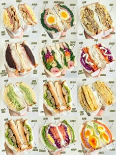 a bunch of different types of sandwiches on display in front of a white board with words