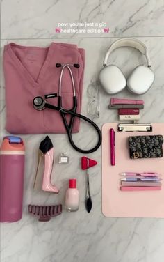 the contents of a doctor's bag laid out on a marble counter top with text overlay