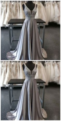 SSR471,grey sleeveless v-neck beaded satin long evening dress · SheSheRose · Online Store Powered by Storenvy V Neck Formal Dress, Prom Dress Beaded, Grey Prom Dress, Robes D'occasion, Beaded Evening Gowns, Dress Display, Beaded Prom Dress, Custom Size Dresses, Beauty Dress