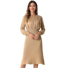 Jump into the cooler season with the flattering ribbed knit midi dress. Featuring trendy lantern long sleeves and an A-line silhouette, these dresses effortlessly blend casual and elegant styles. The simple and timeless design makes it perfect to pair with sandals or boots for any occasion. Made from a soft and stretchy ribbed knit fabric, this dress ensures comfort throughout the day. Easy to care for with machine wash cold with like colors. This versatile piece will be a staple in your wardrob Midi Knit Dress, Long Fall Dresses, Ribbed Knit Fabric, Ballet Dress, Elegant Styles, Khaki Dress, Ribbed Knit Sweater, Knit Midi, Knit Sweater Dress