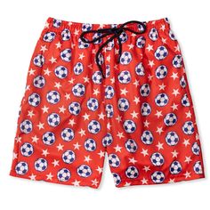 Prepare for a sunny day of sports with our soccer-themed swim shorts! Tailored for soccer enthusiasts, these trunks transition seamlessly from beach to pool. With quick-drying fabric, a back pocket, 4-way stretch, and built-in mesh lining, they're a top pick for soccer fans. Featuring the All American design, proudly showcase your soccer passion while enjoying the sun, poolside relaxation, or a refreshing swim! Sports Swim Trunks With 4-way Stretch, Nylon Go-dry Swim Trunks For The Beach, Jersey Hanger, Nylon Swim Trunks With Built-in Shorts For Poolside, Sports Nylon Swim Trunks With 4-way Stretch, Team Socks, Multicolor Swim Trunks With Built-in Shorts For Sports, Lacrosse Gifts, Hockey Bag