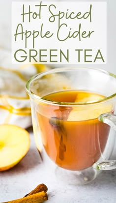 a cup of brewed cider tea in a glass cup. Hot Spiced Apple Cider, Apple Cider Tea, Christmas Devotions, Hot Green Tea, Christmas Beverages, Spiked Apple Cider, Mulled Apple Cider, Green Tea Drinks, Cider Drinks