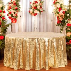 Glitz Sequins 108 Round Tablecloth - Gold 120 Round Tablecloth, Chair Back Covers, Head Tables, Chair Bands, Sequin Tablecloth, Table Overlays, Flower Panels, Drape Panel, Fabric Bolts