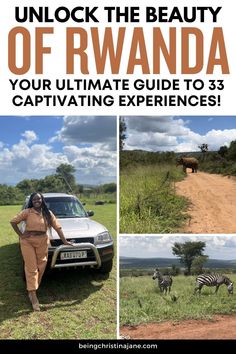 a woman standing next to a car in the middle of a field with zebras