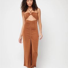 Nwt L*Space Stina Dress In Coffee Size Xs Brown Ruched Midi Dress, Brown Halter Neck Midi Dress For Party, Brown Sleeveless Ruched Maxi Dress, Ruched Sundress Maxi Dress For Date Night, Casual Brown Maxi Dress For Evening, Fitted Halter Neck Maxi Dress For Day Out, Brown Ruched Maxi Dress For Date Night, Brown Backless Dress For Date Night, Chic Brown Backless Maxi Dress