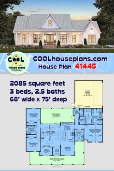 the floor plan for this house has three beds, 2 bathrooms and 3 wide x 75 '