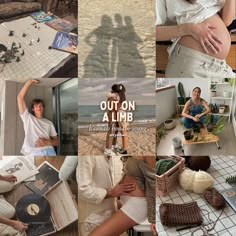 a collage of photos with people on the beach and in front of them is an advertisement for a book called out on a limb