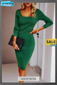 Lidia Ribbed Midi Sweater Dress - Green Spring Ribbed Knee-length Bodycon Dress, Spring Knee-length Ribbed Bodycon Dress, Ribbed Knee-length Bodycon Dress For Spring, Solid Ribbed Mini Dress, Winter Square Neck Bodycon Dress, Casual Solid Color Bodycon Dress For Fall, Green Ribbed Knee-length Sweater Dress, Ribbed Knee-length Sweater Dress For Spring, Summer Long Sleeve Ribbed Midi Dress