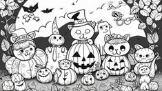 a black and white drawing of halloween cats