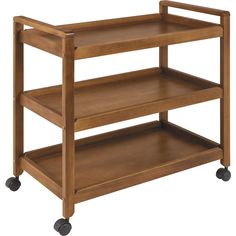 a wooden cart with three shelves and wheels on the bottom, one shelf is empty