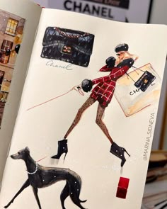 an open book with drawings of women walking dogs and purses on the front cover