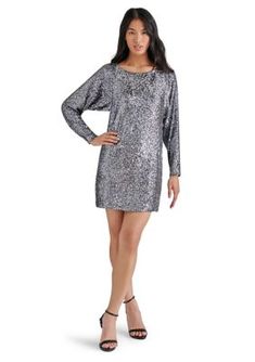 This captivating mini dress exudes elegance with its luxurious stretch sequin fabric. Designed for cocktail parties and special occasions, it features a chic pullover style and a comfortable crew neckline. The 33-inch garment length flatters various body types, making it a versatile choice for any fashion-forward woman. Experience the epitome of sophistication and style with this stunning dress. | Steve Madden Women's Ginger Dress, Grey, 4 Ginger Dress, Ginger Women, Glamorous Dresses, Bateau Neck, Favorite Daughter, Cocktail Parties, Sequin Fabric, Sequin Mini, Sequin Mini Dress