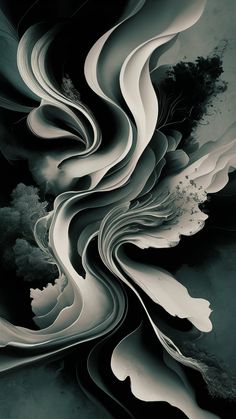 an abstract black and white painting with wavy lines