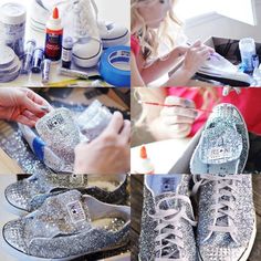 What a cool idea especially for the girly girl. Not to mention a $$$saver. Those glittery shoes are so expensive!!! Diy Converse, Diy Glitter Shoes, Glittery Shoes, Kawaii Ideas, Fun Projects For Kids, Look Festival, Diy Clothes Videos, Bling Shoes, Diy Clothes Life Hacks