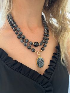 Beaded handmade obsidian and onyx necklace is for women. You can wear this unique gemstone jewelry everyday and it will absolutely add a stylish finishing touch to your look. Beaded statement necklace is suitable for all clothes. It is two strands and you can use seperately or together. You can choose this obsidian necklace for your mom, wife or girlfriend as a birthday gift. If they like black color and gemstone jewelry, this handmade necklace is a perfect gift for them. - Necklace Length: appr Elegant Black Agate Beaded Necklace, Black Beaded Necklaces With Natural Stones For Gifts, Black Agate Beaded Necklace With Natural Stones, Black Agate Necklace With Black Beads, Obsidian Gemstone Beads Necklace As Gift, Black Crystal Necklaces With Round Natural Stones, Black Onyx Necklace With Natural Stones, Black Agate Bead Necklaces, Black Agate Beaded Necklaces