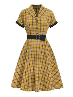 Mustard 1950s Plaid Belt Swing Dress – Retro Stage - Chic Vintage Dresses and Accessories Feminine Radiance, Plaid Belt, 1950s Inspired Dress, Yellow Plaid Dress, Retro Stage, Vestidos Retro, Robes Vintage, Standard Dress, Yellow Plaid