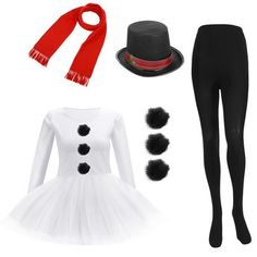 a woman in black and white outfit with red scarf, top hat, leggings