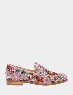 ARON FLORAL MULTI Loafers | Floral Rhinestone Loafers – Betsey Johnson Luxurious Shoes, Shoes List, Butterfly Heels, Beaded Butterfly, Delicate Butterfly, Spool Heel, Loafers Style, Penny Loafer, Gold Rhinestone