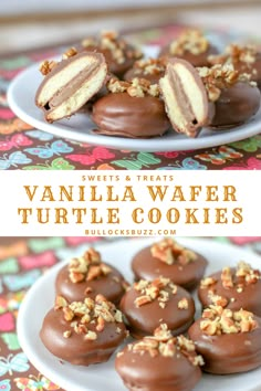 chocolate covered turtle cookies on a plate with the words, vanilla wafer turtle cookies