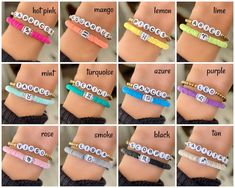 Preppy Name Bracelets, Zodiac Sign Clay Bead Bracelets, Cute Bracelet Ideas With Words, Named Beaded Bracelets, Names To Put On Bracelets, Clay Bead Bracelet Ideas Zodiac, Clay Bead Word Bracelet Ideas, Phrases For Bracelets, Cute Words For Bracelets