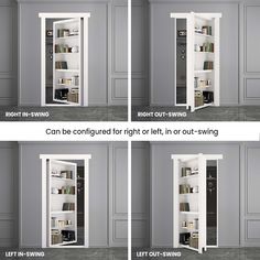 four different views of an open door with the right and left - out swinging doors