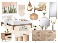 a collage of furniture and decor including a bed, dresser, mirror, lamp, plant