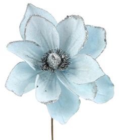 a blue flower is shown on a white background with silver glittered petals in the center