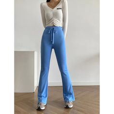 Casual Slim Elastic Blue  Bootcut Pants  Material: Cotton  Size: S, M, L Color: Blue  Season: Spring, Autumn, Winter   Occasion: Leisure, Outdoor, Daily, Vacation Casual Flare Bottoms With High Stretch, Casual Flare High Stretch Bottoms, Casual High-stretch Flare Bottoms, Trendy Blue Flare Pants, Blue Flare Pants In Elastane, Trendy Blue Flared Bottoms, Trendy Blue Flare Bottoms, Blue Full Length Casual Pants, Blue Flare Pants With Elastane