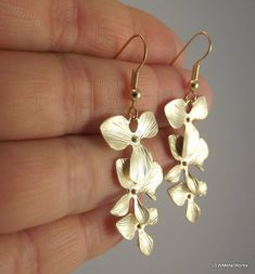 Cascading Orchid Flower Gold Earrings, Wedding Bride or Bridesmaid Gift Under 40 Elegant Orchid Flower Earrings, Elegant Gold Flower Earrings For Wedding, Silver Gold-plated Flower Earrings For Wedding, Elegant Orchid Flower Jewelry, Gold Plated Silver Flower Earrings For Wedding, Silver Gold Plated Flower Earrings For Wedding, Delicate Dangle Flower Earrings For Bridesmaids, Gold Plated Flower-shaped Earrings For Wedding, Gold Plated Flower Shaped Wedding Earrings