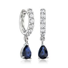 Ross-Simons - 1.00ct t. w. Sapphire, .49ct t. w. Diamond Drop Earrings in 14kt White Gold. Make your diamond and sapphire dreams come true with this fabulous pair of drop earrings! Rich and velvety 1.00 ct. t. w. pear-shaped sapphires dangle from .49 ct. t. w. round brilliant-cut diamond-studded tops set in polished 14kt white gold. Hanging length is 3/4". Hinged post, diamond and sapphire drop earrings. Sapphire birthstones are the perfect gift for September birthdays. Sapphire Drop Earrings, Earrings Sapphire, Sapphire Birthstone, Sapphire And Diamond Earrings, September Birthday, Earrings In Gold, Diamond Drop Earrings, Sapphire Diamond, Round Brilliant Cut Diamond