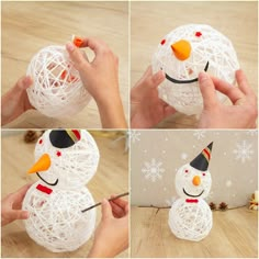 there is a snowman made out of string and plastic yarn with an orange nose