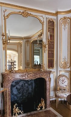 an ornate fireplace in a living room with gold trimmings and mirrors on the wall