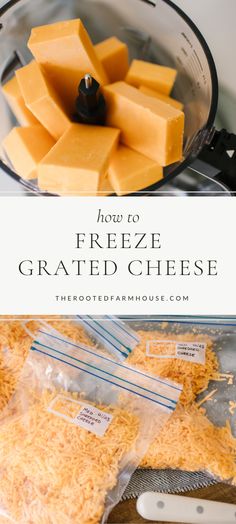 cheese and grated cheese in a food processor with text overlay that reads how to freeze grated cheese