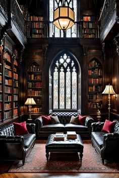 Gothic revival style home library with a dark academia feel. Library With Reading Nook, Romantic Library Aesthetic, Home Library Dark Academia, New Orleans Library, Cozy Library Room Ideas Reading Areas, Dark Green Library, Dark Academia Home Library, Small Home Library Cozy Reading Room