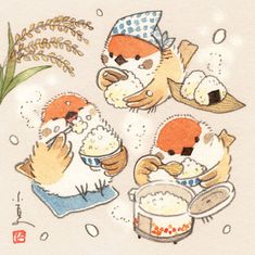 an image of three cartoon animals eating rice and drinking water from a bowl in the snow