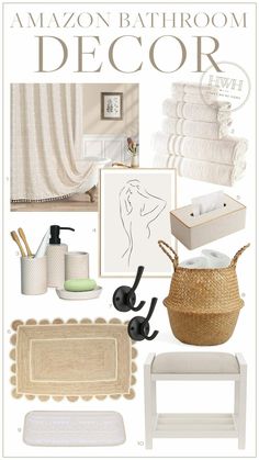 an image of bathroom decor in white and neutrals with text overlay that reads amazon bathroom decor